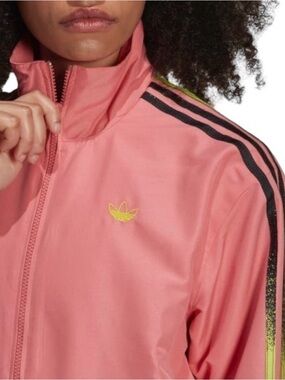 Adidas Women’s Pink Track Jacket and Pants Set with Acid Yellow Contrast Stripes